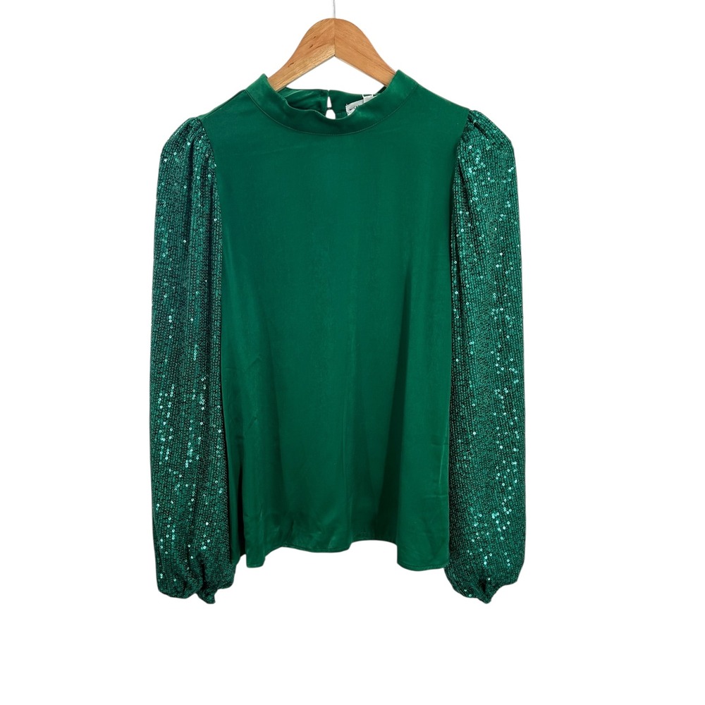 Women's Emerald Green Blouse with Sequin Puff Sleeves